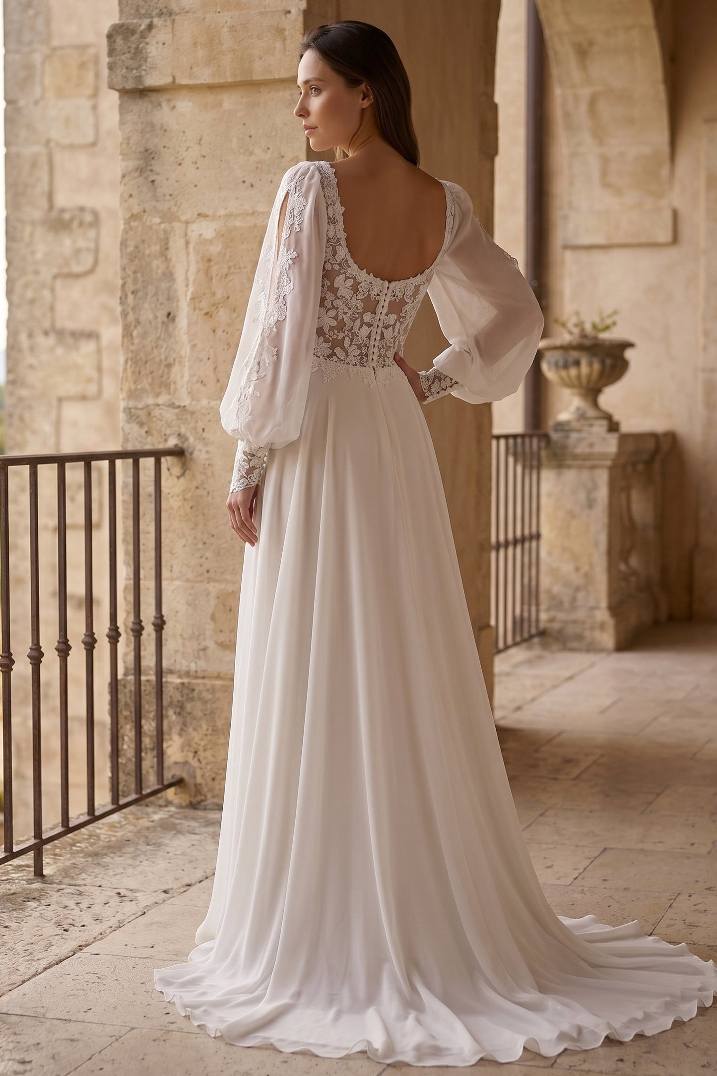 Square Neck Long Sleeve Applique A-Line Backless Wedding Dress