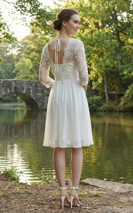 Lace V-Neck 3/4 Sleeve Backless A-Line Short Mini Wedding Dress