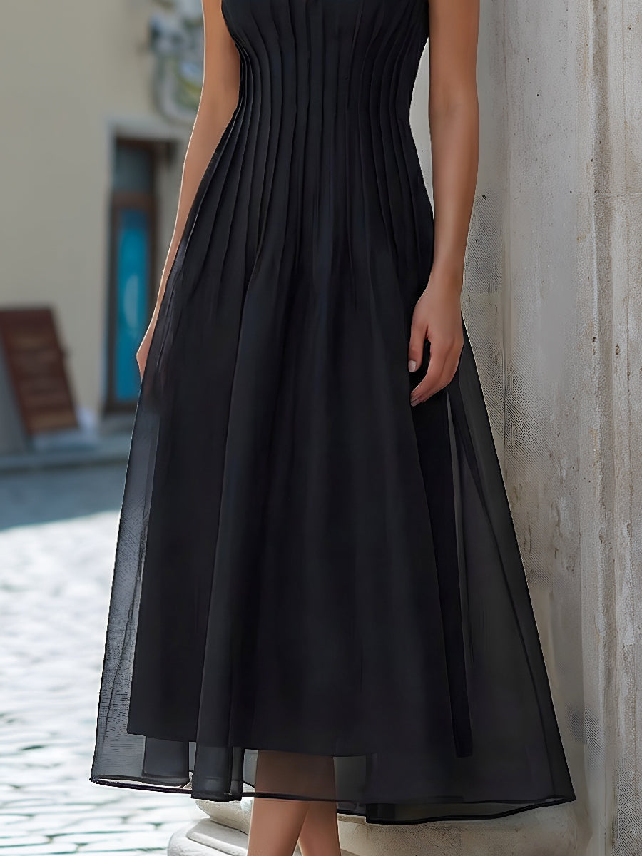Sheer Illusion Pleated Waist Midi Dress