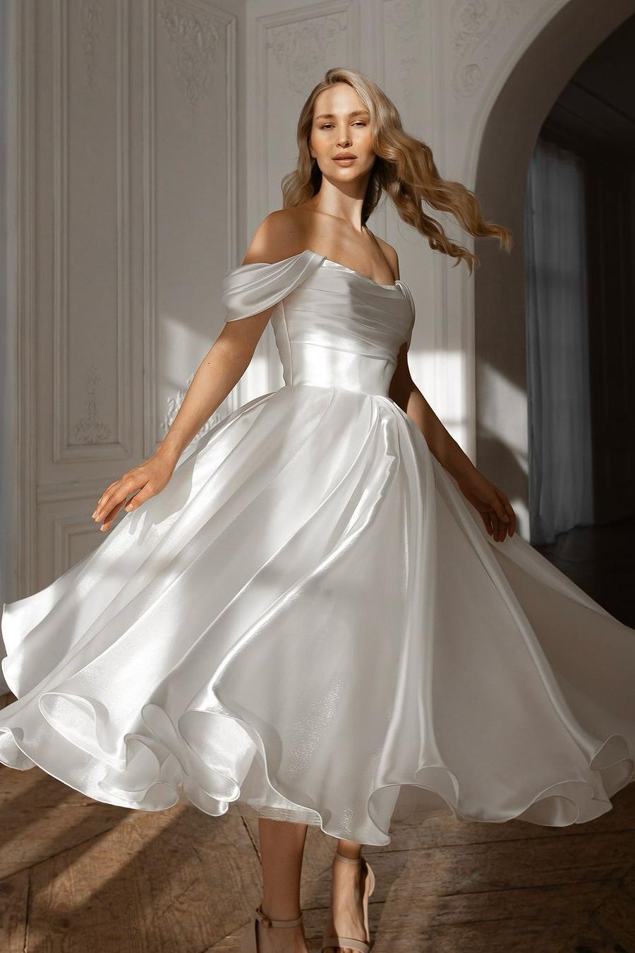 A Line Wedding Dress Off the Shoulder Organza Tea Length Formal Dress