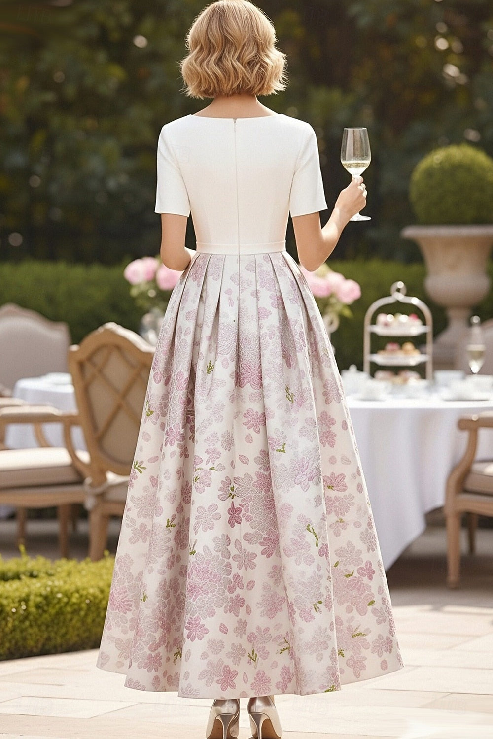 Elegant Half Sleeve A-Line Floral Print Ankle-Length Evening Dress