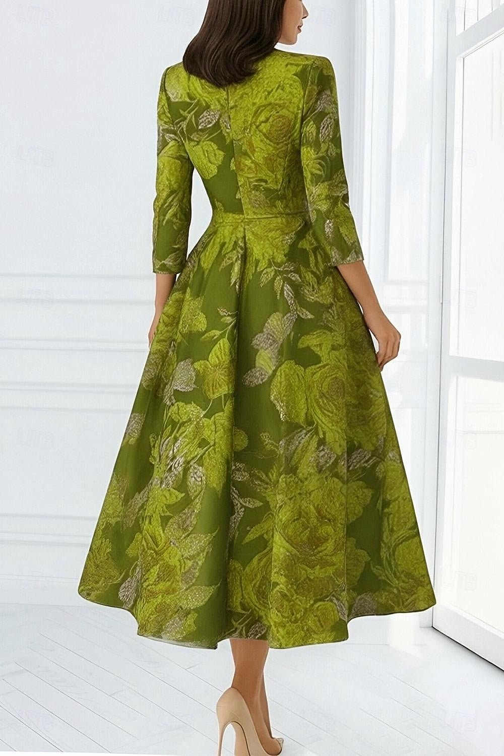 Green Floral Print V-Neck 3/4 Sleeve A-Line Tea-Length Evening Dress