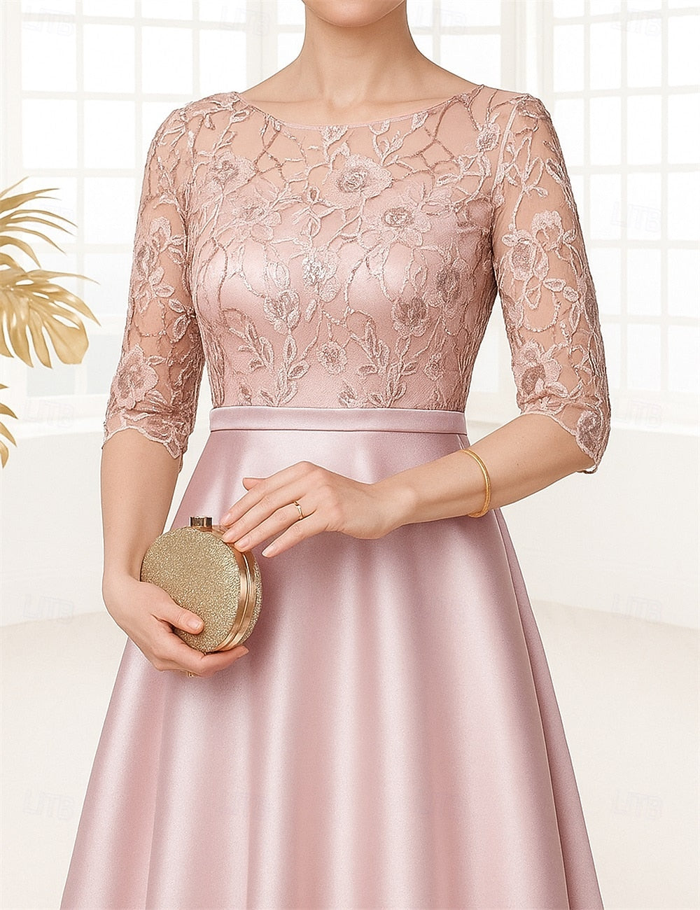 Applique 3/4 Sleeve A-Line Tea-Length Evening Dress