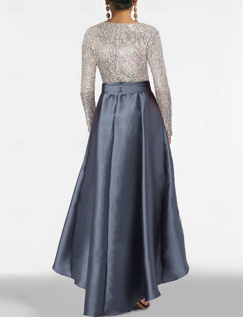 V-Neck Long Sleeve Sparkle Sequins A-Line Ankle-Length Mother of the Bride Dress