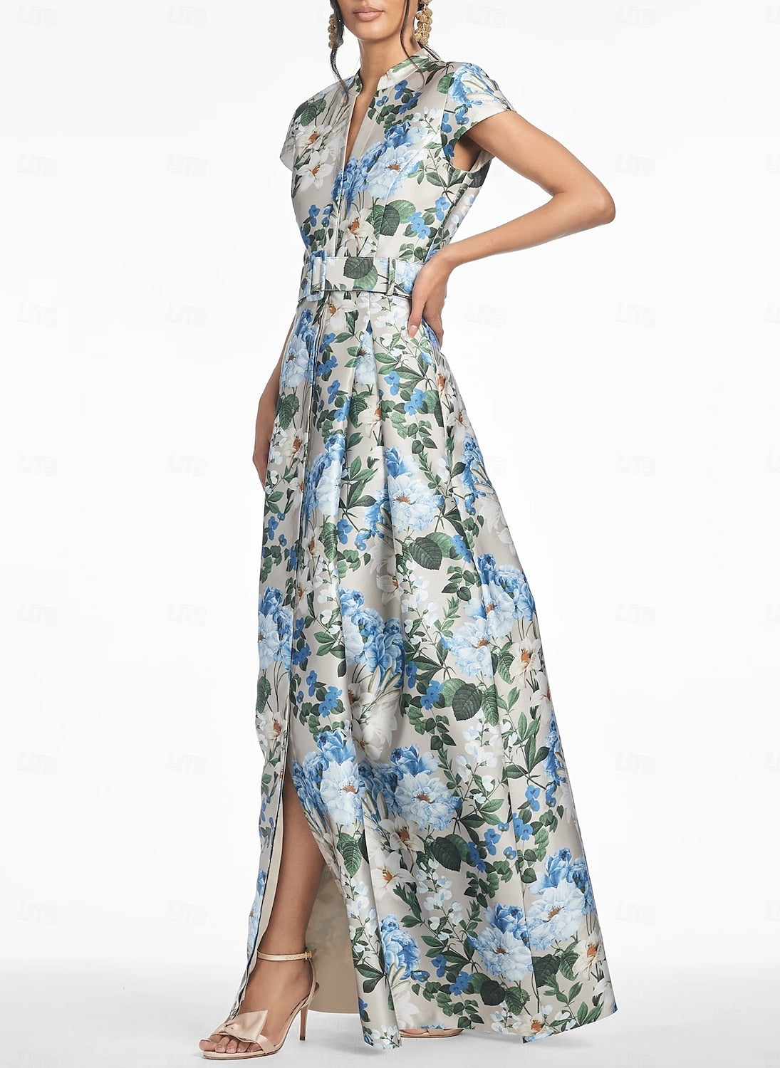 Elegant Blue Floral Print A-Line Floor-Length Evening Dress Slde