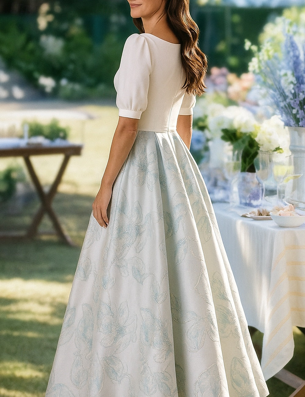 Half Sleeve V-Neck Flowers Floral Print Ankle-Length Evening Dress