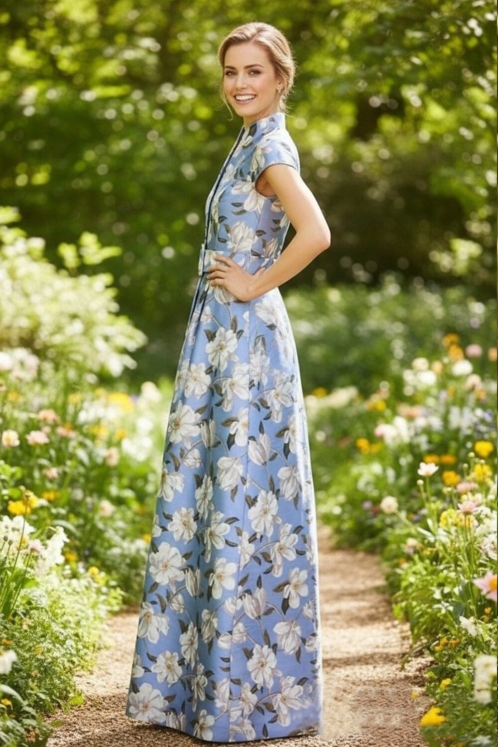 Sleevekess Floral Print A-Line Floor-Length Evening Dress