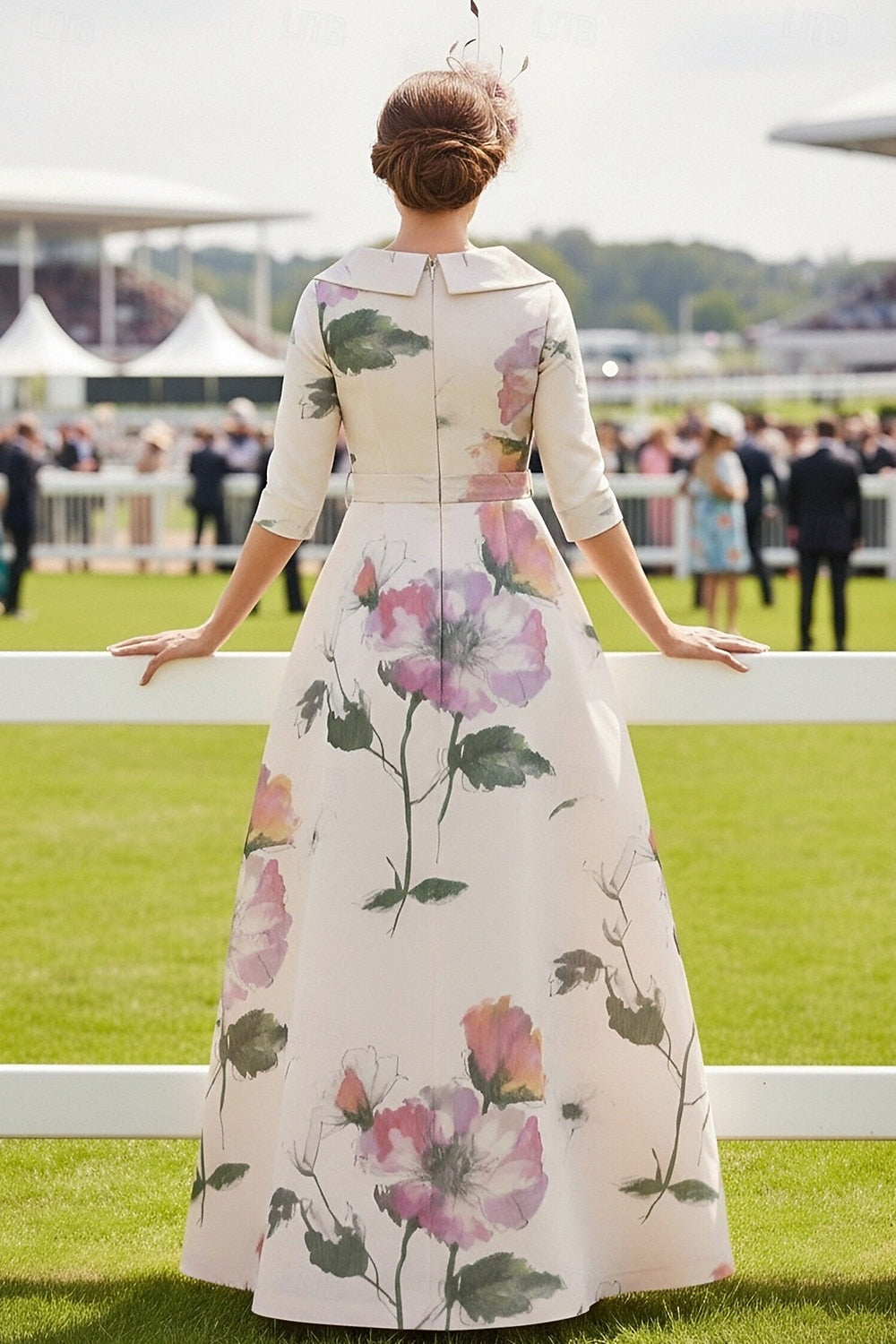 V-Neck 3/4 Sleeve A-Line Flowers Floral Print Formal Evening Dress