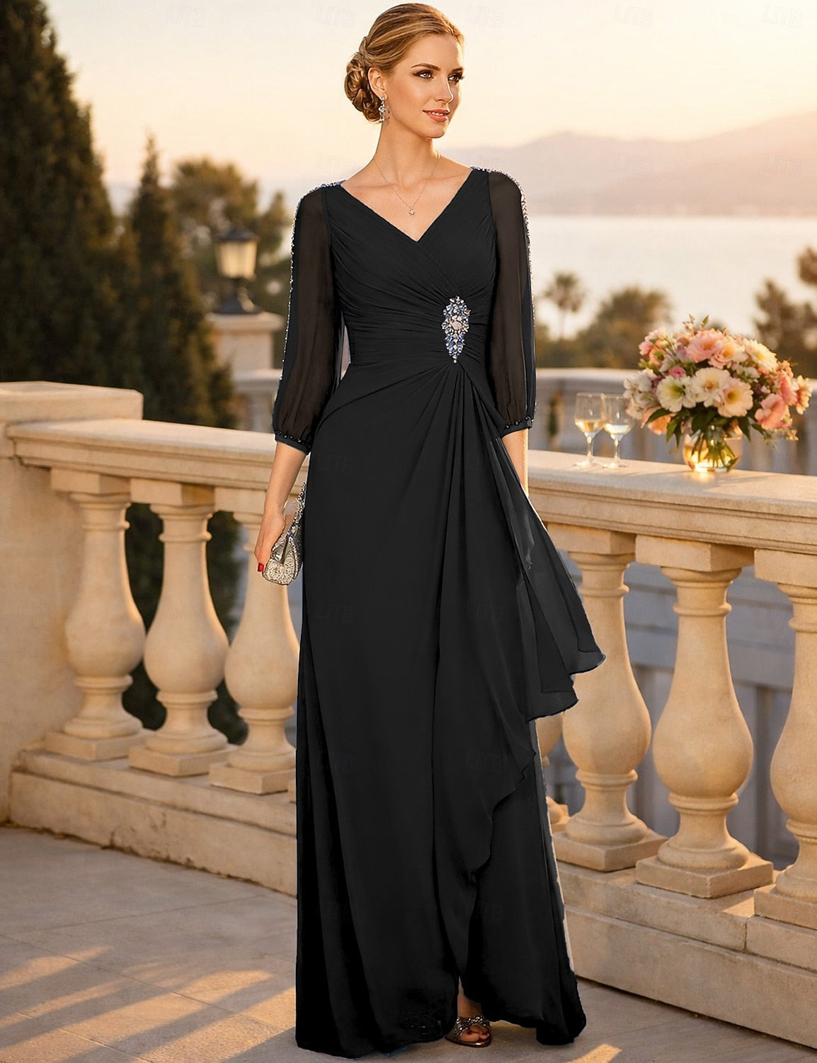 V-Neck Long Sleeve Mermaid Beaded Evening Dress Floor-Length