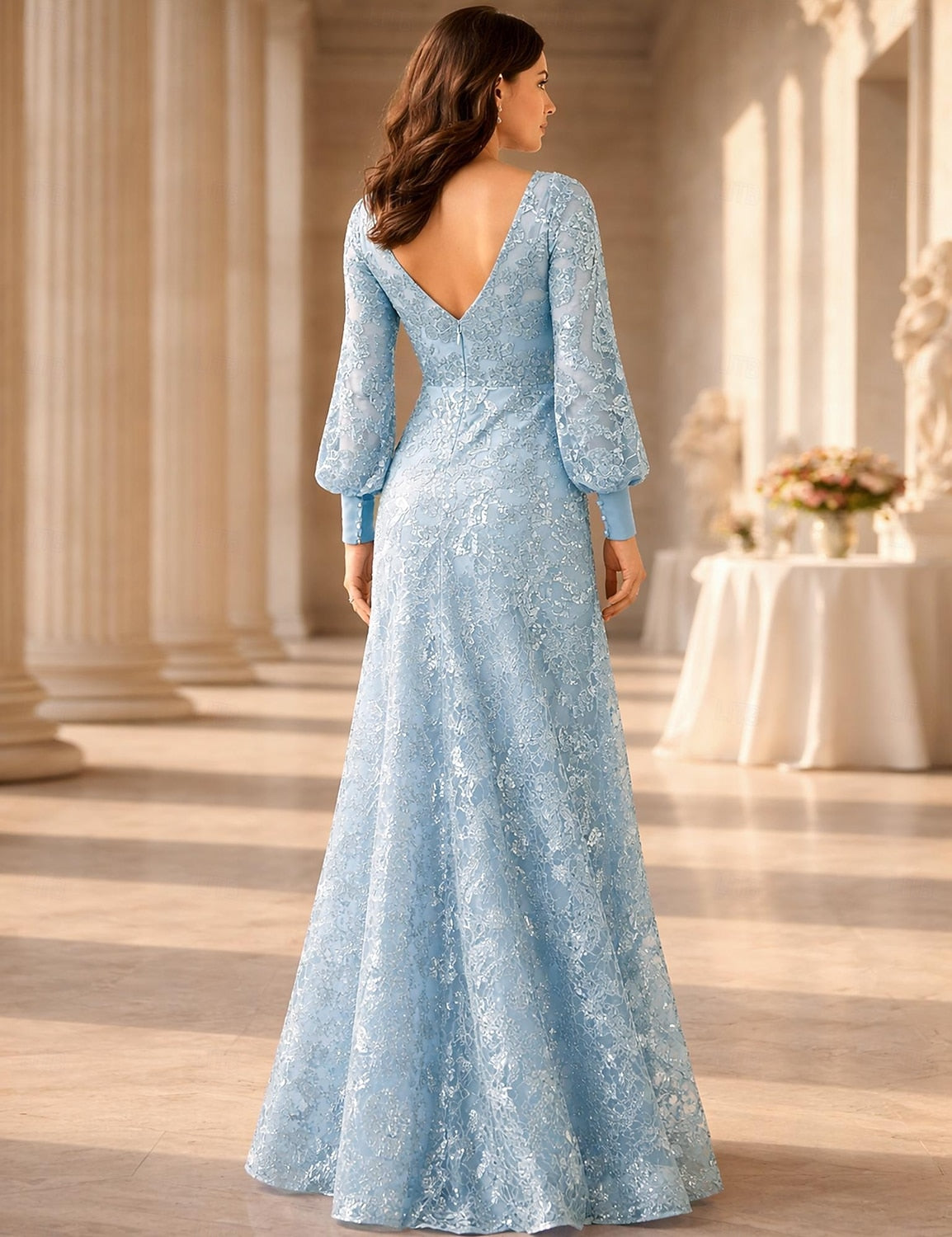 Blue Long Sleeve Lace Applique Backless Mermaid Evening Dress