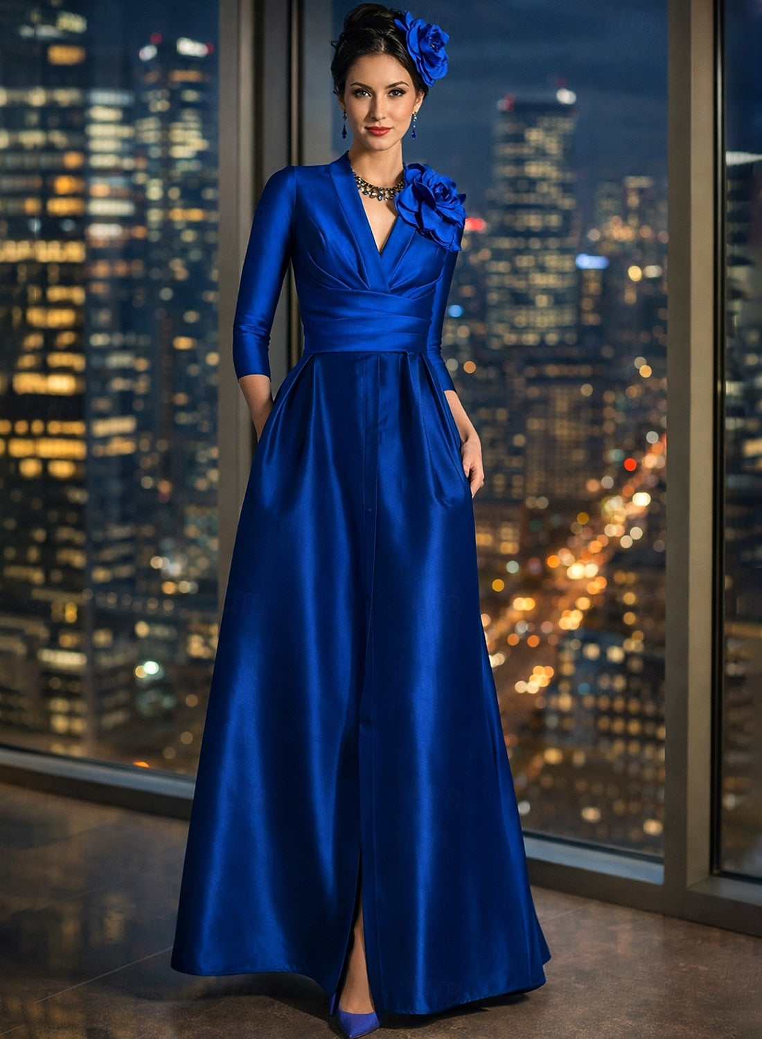 V-Neck Flowers 3/4 Sleeve A-Line Formal Women Evening Dress