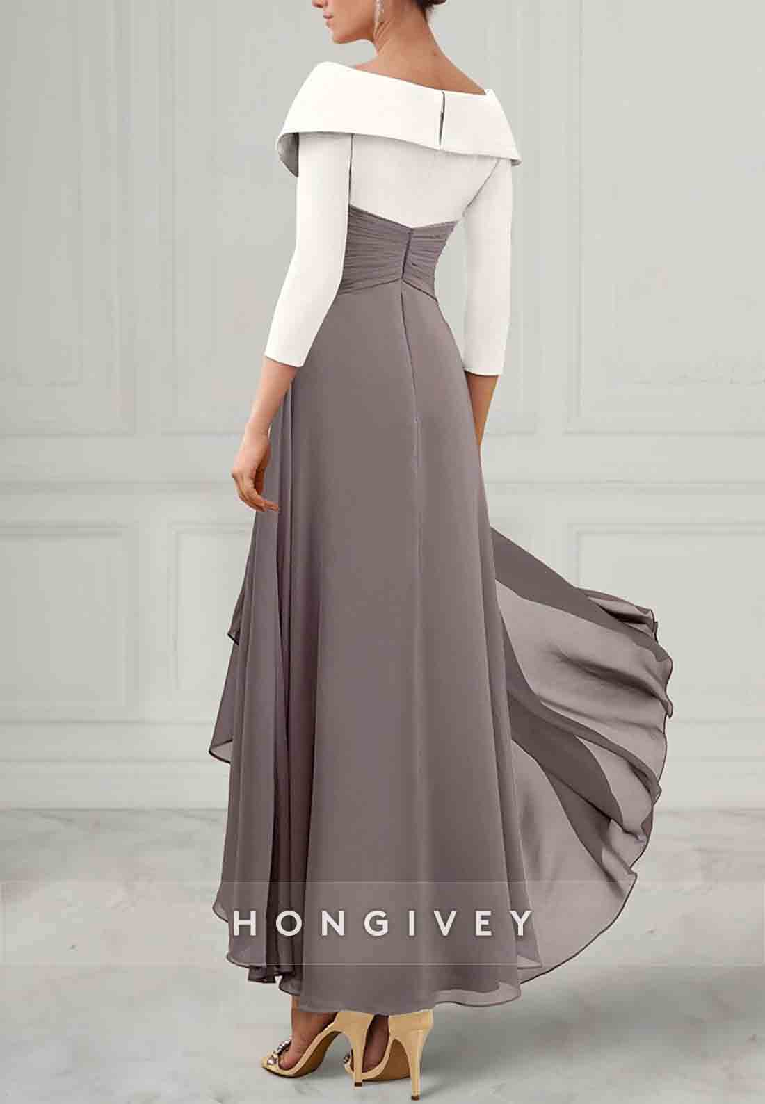 A-line Tea-Length V Neck Chiffon Pleated 3/4 Sleeve Mother of the Bride
