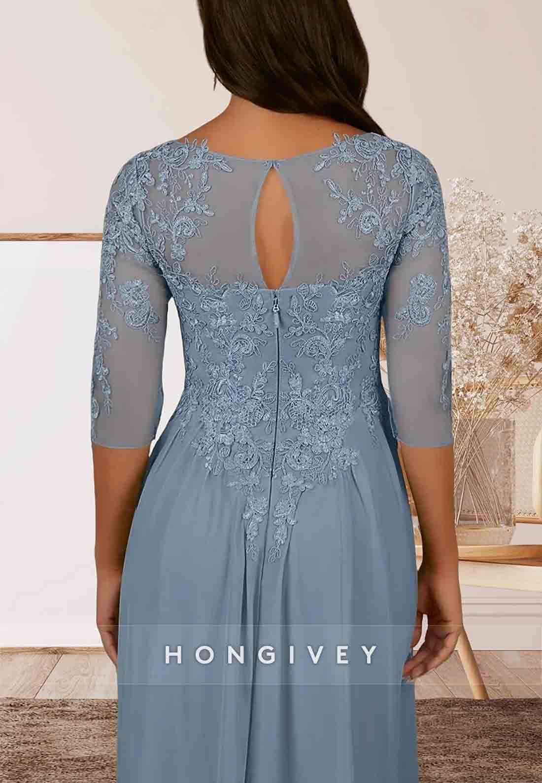 Floor-Length A-Line 3/4sleeves Keyhole Back Appliqued Mother of Bride