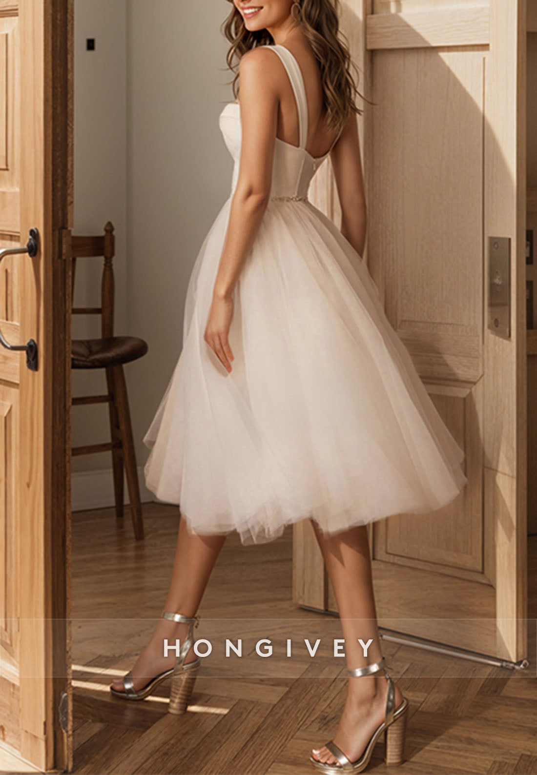 Ball Gown Cap Straps Organza Tea-Length Wedding Dresses