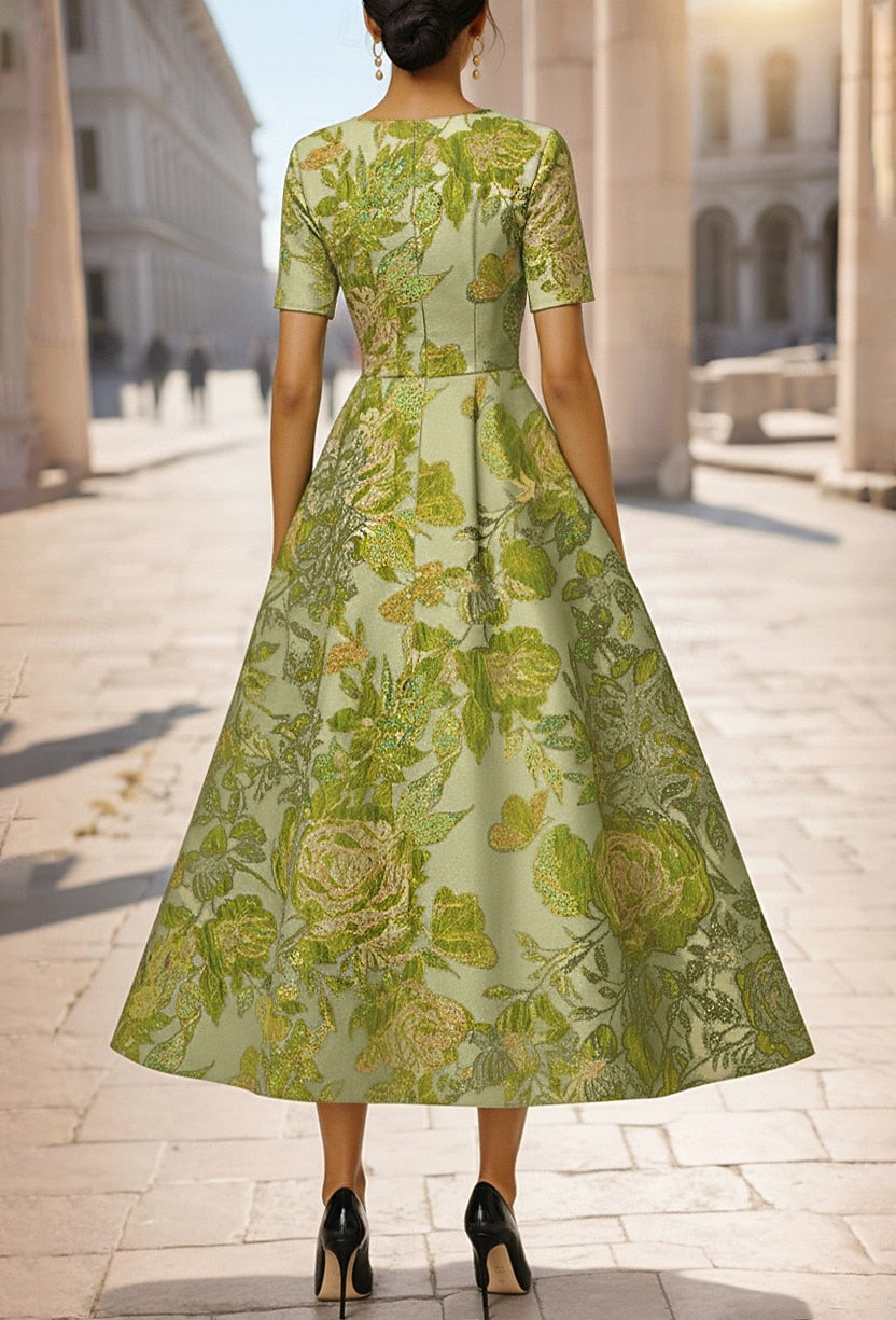 Green Half Sleeve 3D Flowers Floral Print A-Line Tea-Length Evening Dress