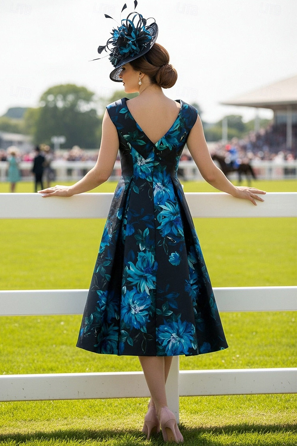 Sleeveless Floral Prin Flowers A-Line Tea-Length Evening Dress