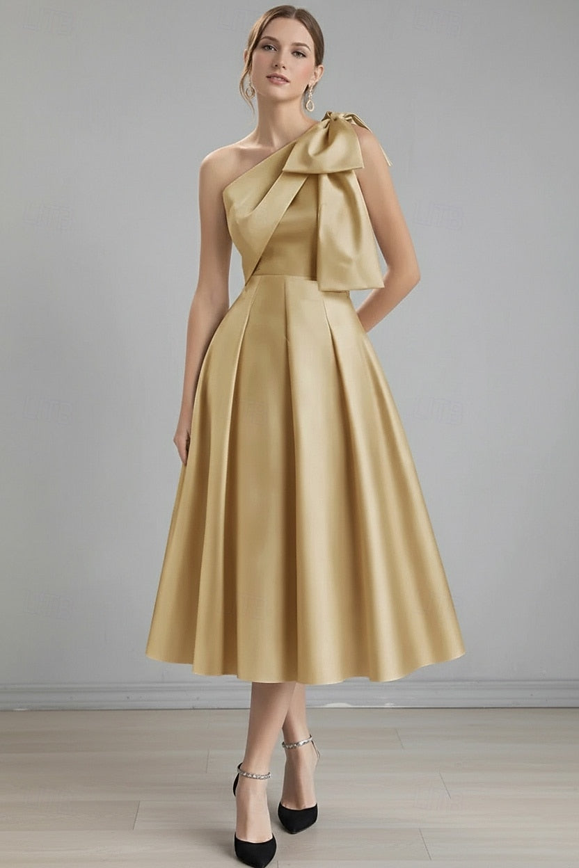 One Shoulder Sleeveless Bow A-Line Tea-Length Evening Dress