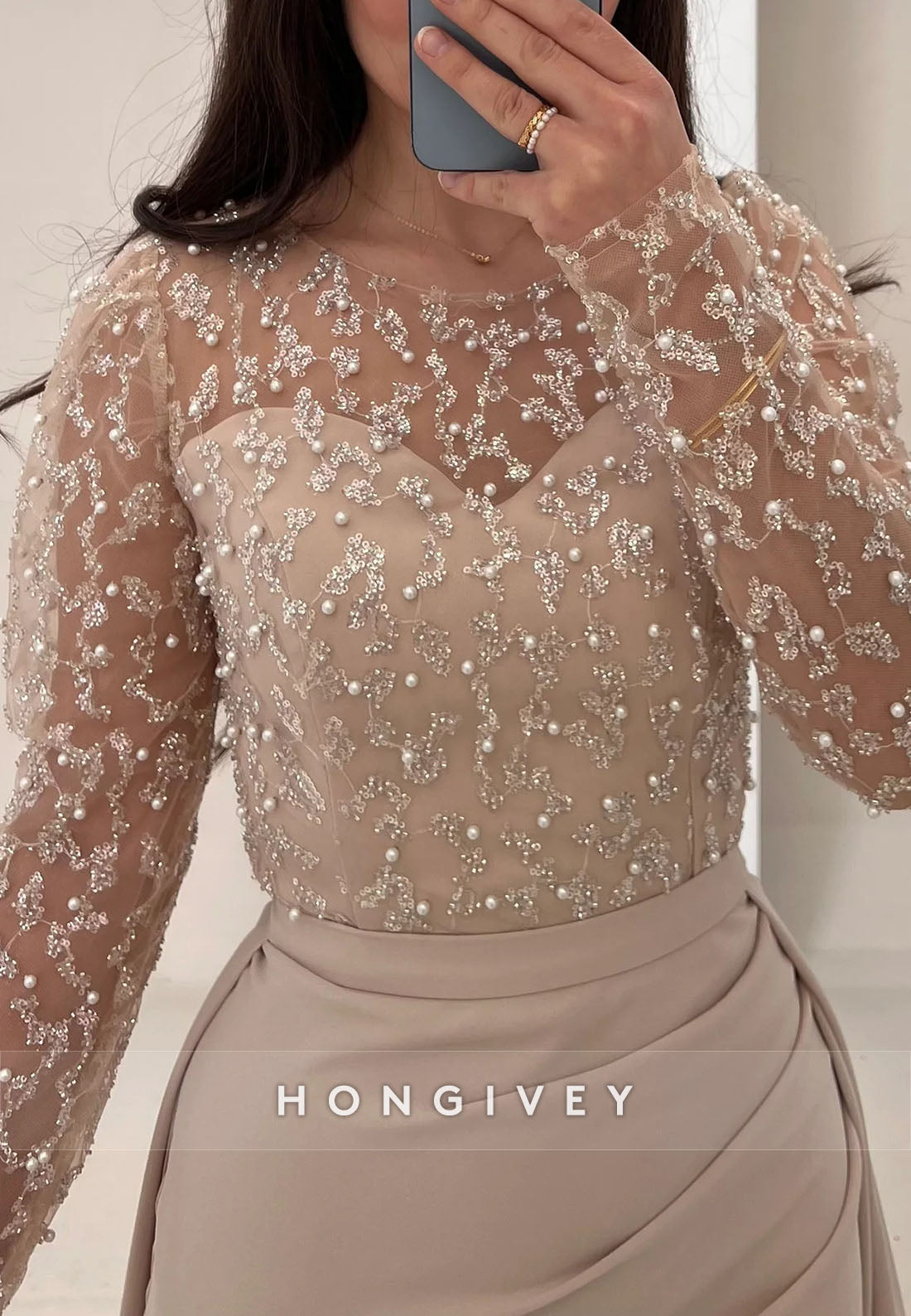 Trumpet Detachable Illusion Neck Evening Gown Satin Long Sleeve Formal Dresses