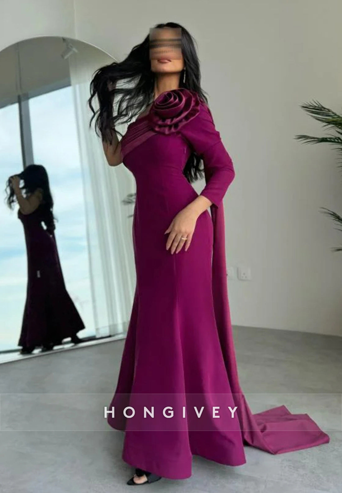 Trumpet Watteau Train Asymmetrical Neck Satin Pleated Evening Gown