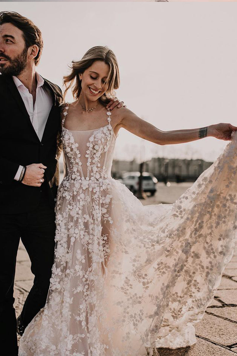 Boho A Line Scoop Neck Lace Beach Wedding Dresses