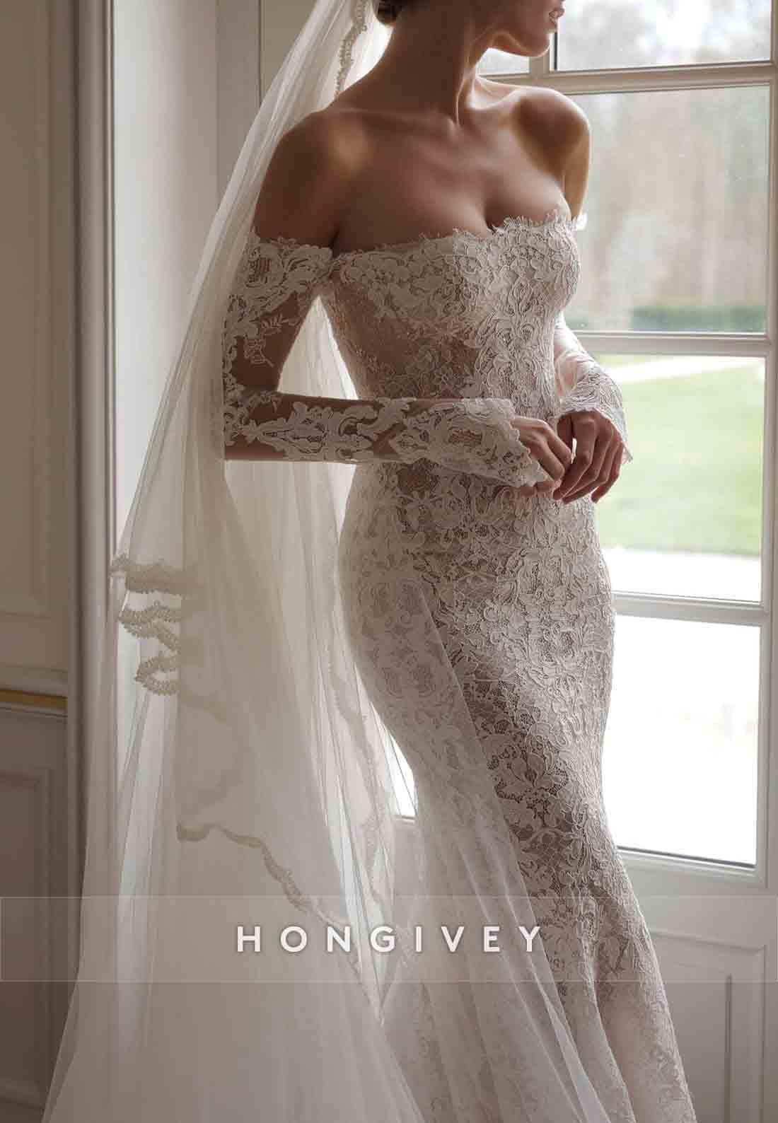 Lace Off the Shoulder Long Sleeves Back Zipper Trumpet Wedding Dresses