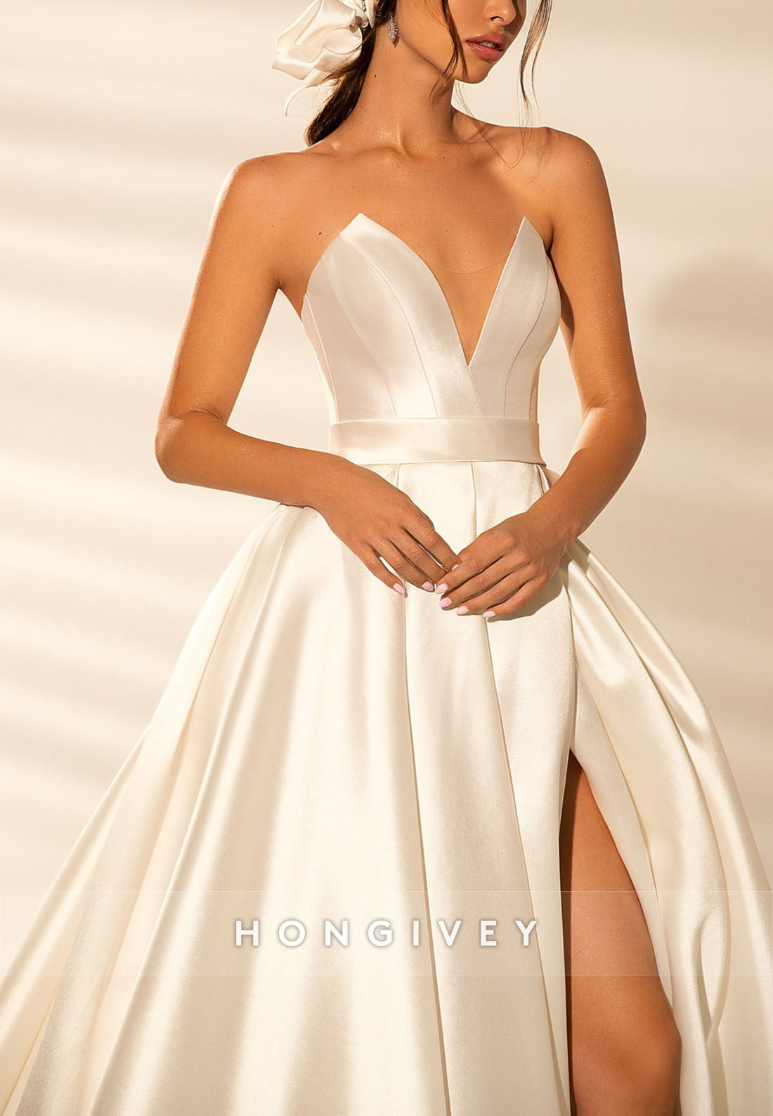 High Slit V Neck Chapel Train Low Back Princess Satin Wedding Dresses