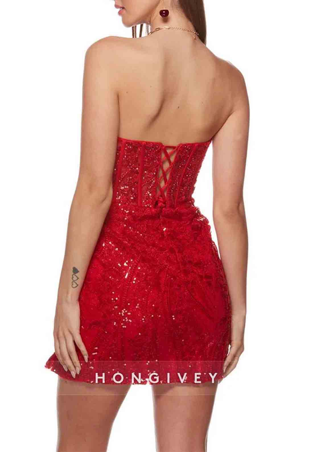Strapless Glitter Flowers Sheath Short Homecoming Dress with Side Slit