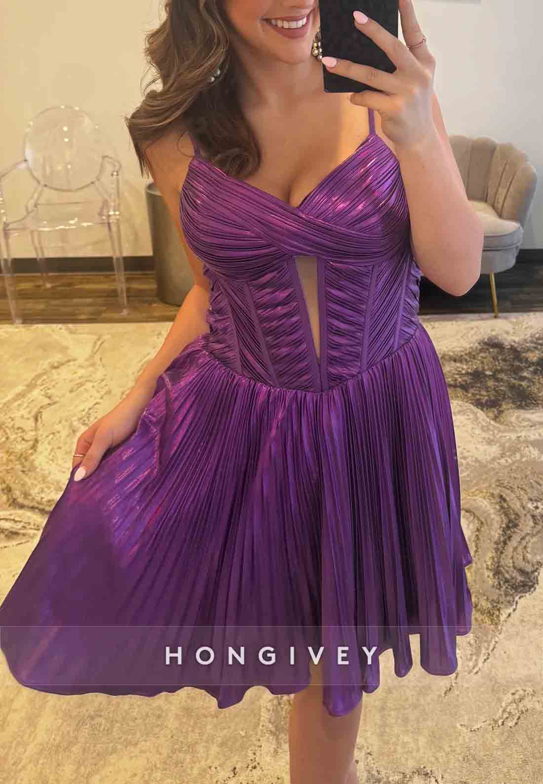 Purple Spaghetti Straps A-Line Tie Back Short Homecoming Dress with Ruffles