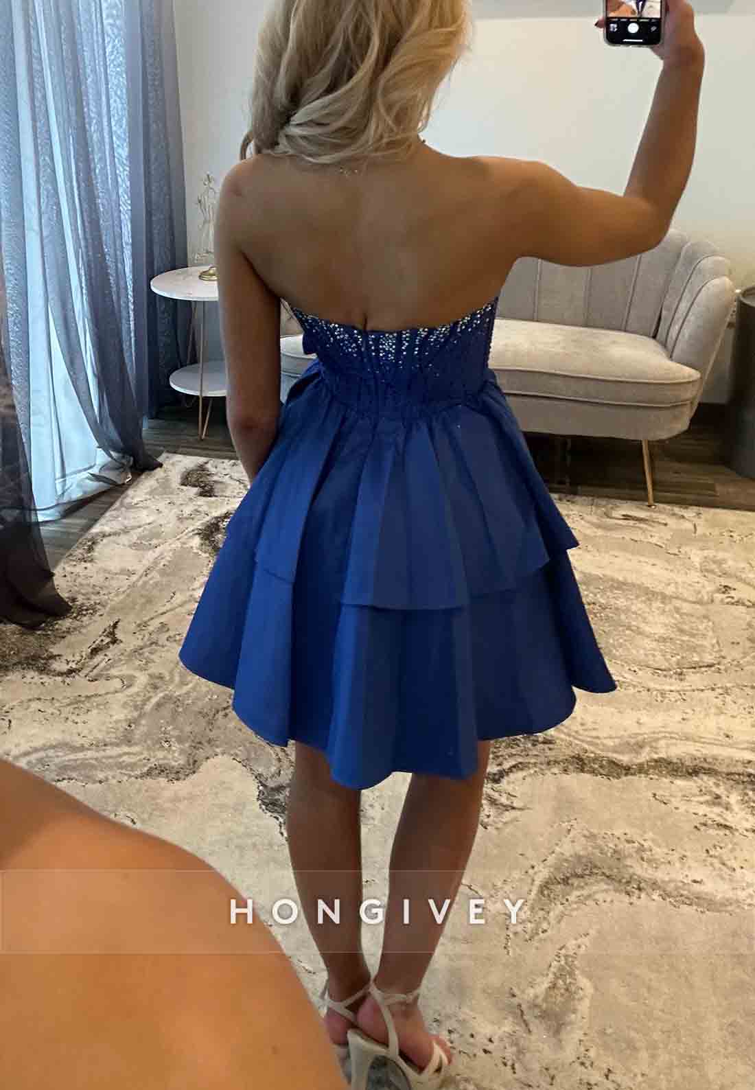 Royal Blue Strapless A-Line Pleated Ruched Short Homecoming Dress with Bowknot