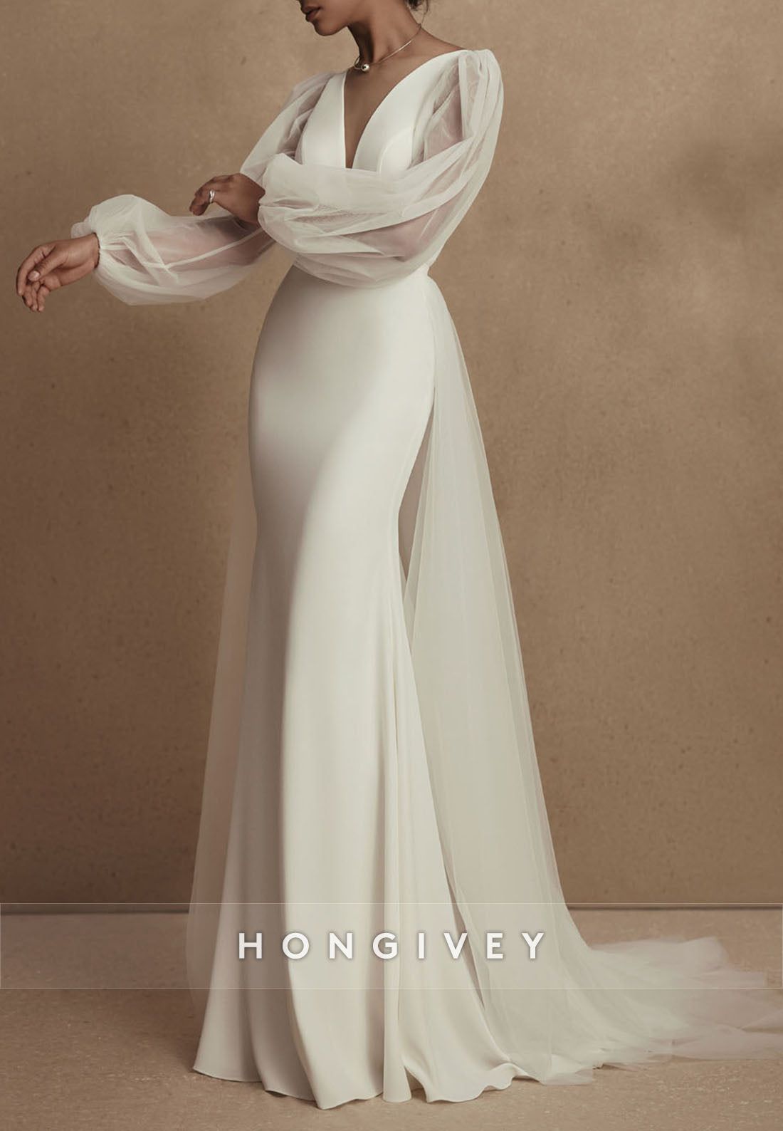 V Neck Zipper Pleated Long Sleeve V Back Trumpet Boho Wedding Dresses