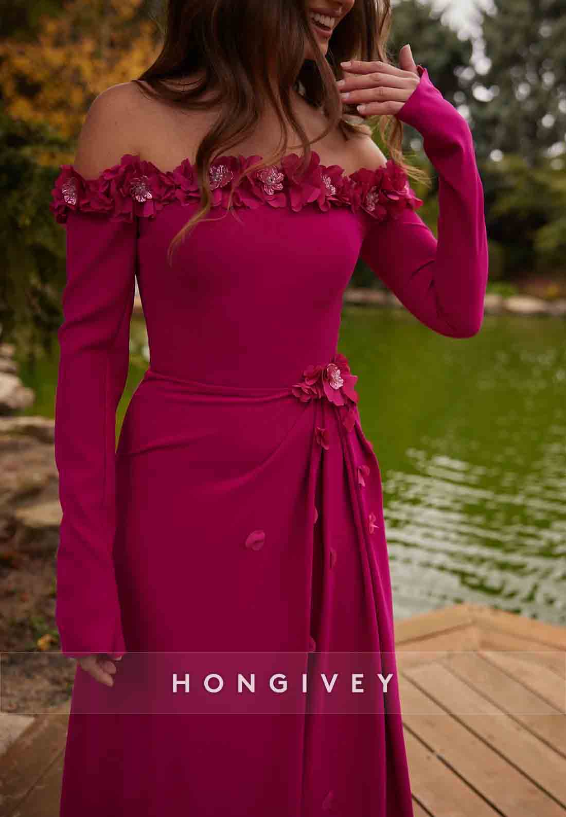 Fuchsia Flowers Off the Shoulder Floor-Length Pleated Floor-Length Maxi Dress