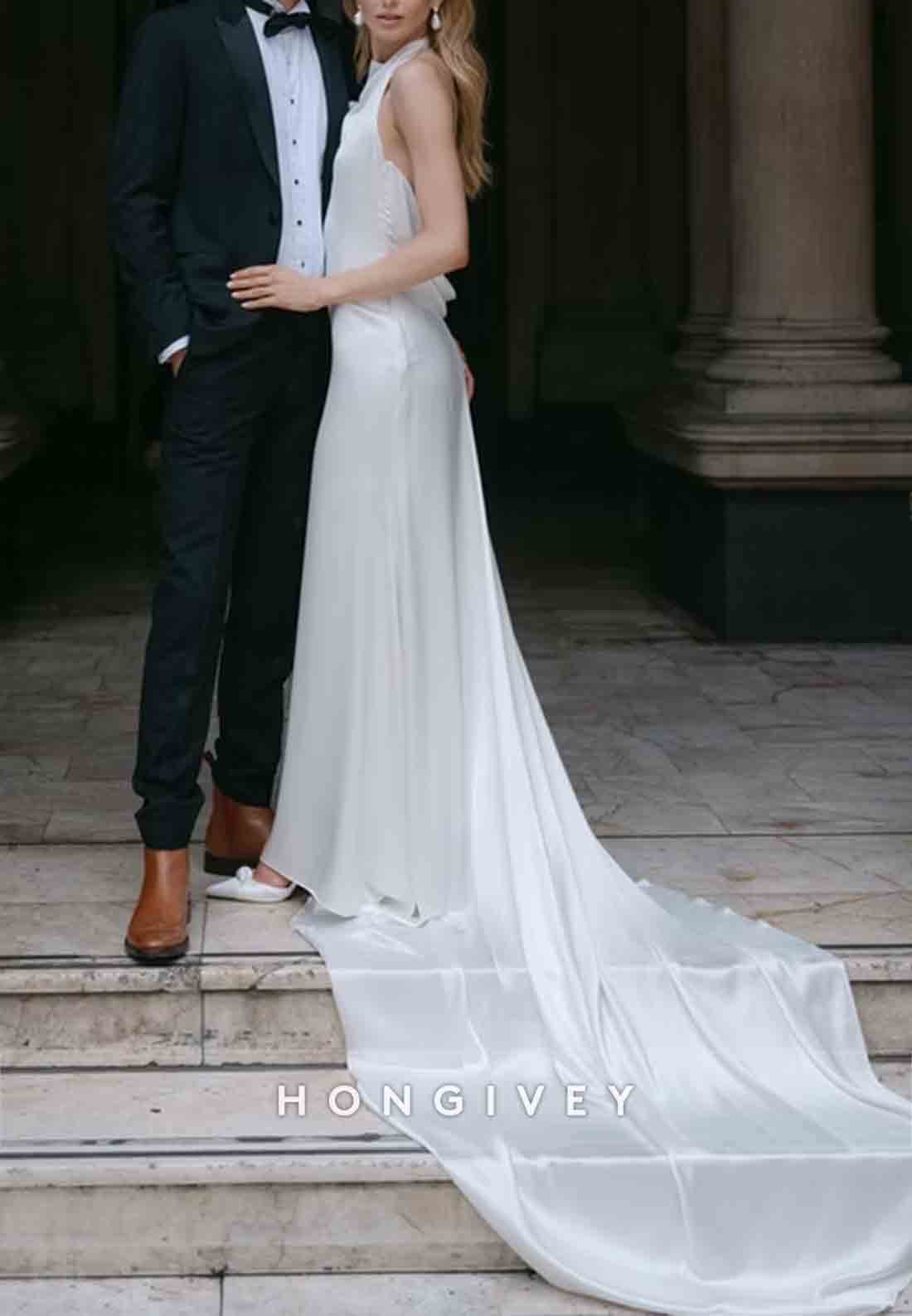 Halter Sleeveless Backless Pleated Simple Court Train Wedding Dresses