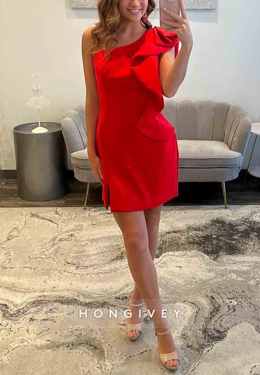 Red Simple One Shoulder Side Slit Sheath Ruched Short Homecoming Dresses