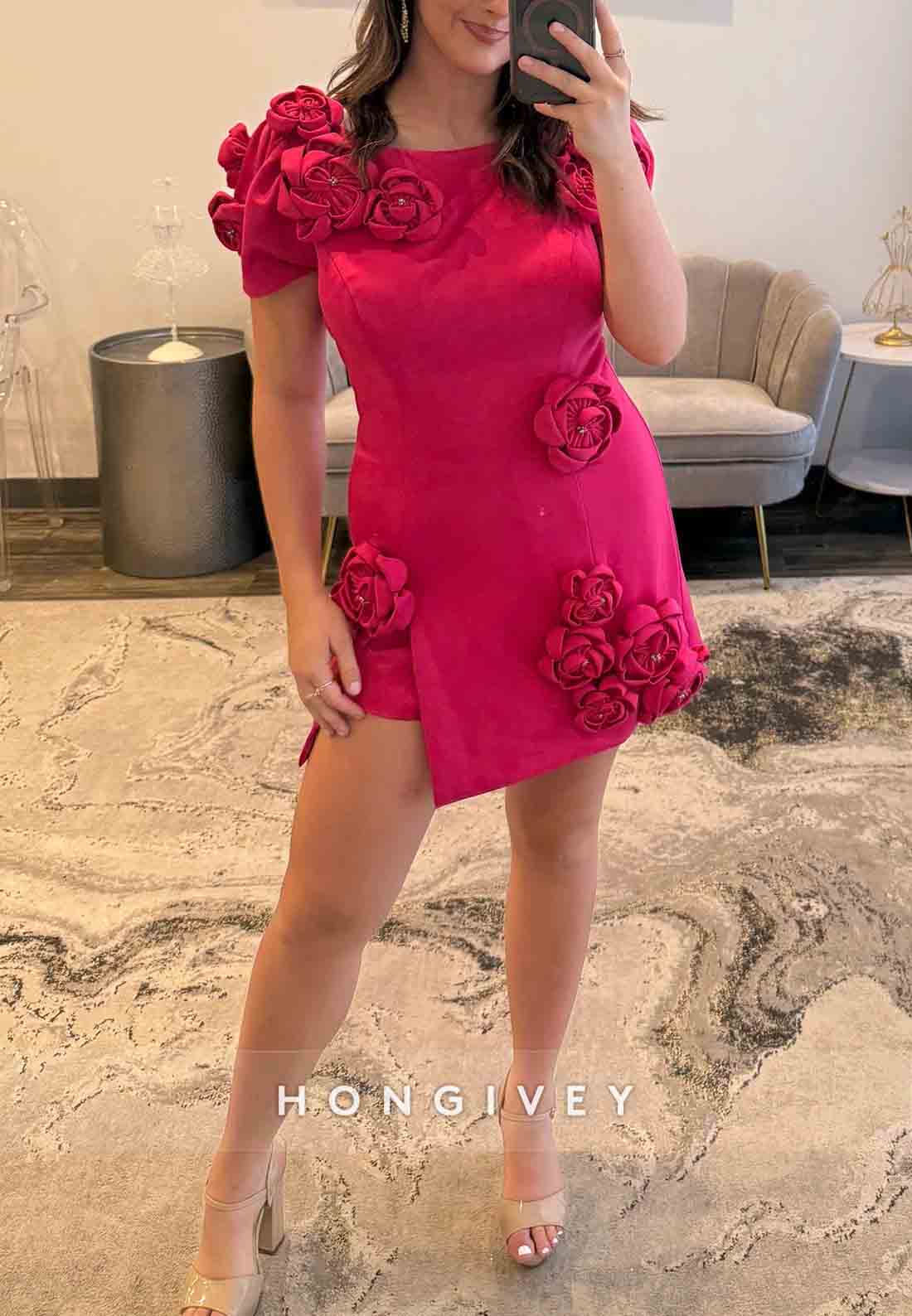 Fuchsia Short Sleeves Side Slit Short Homecoming Dresse swith Flowers