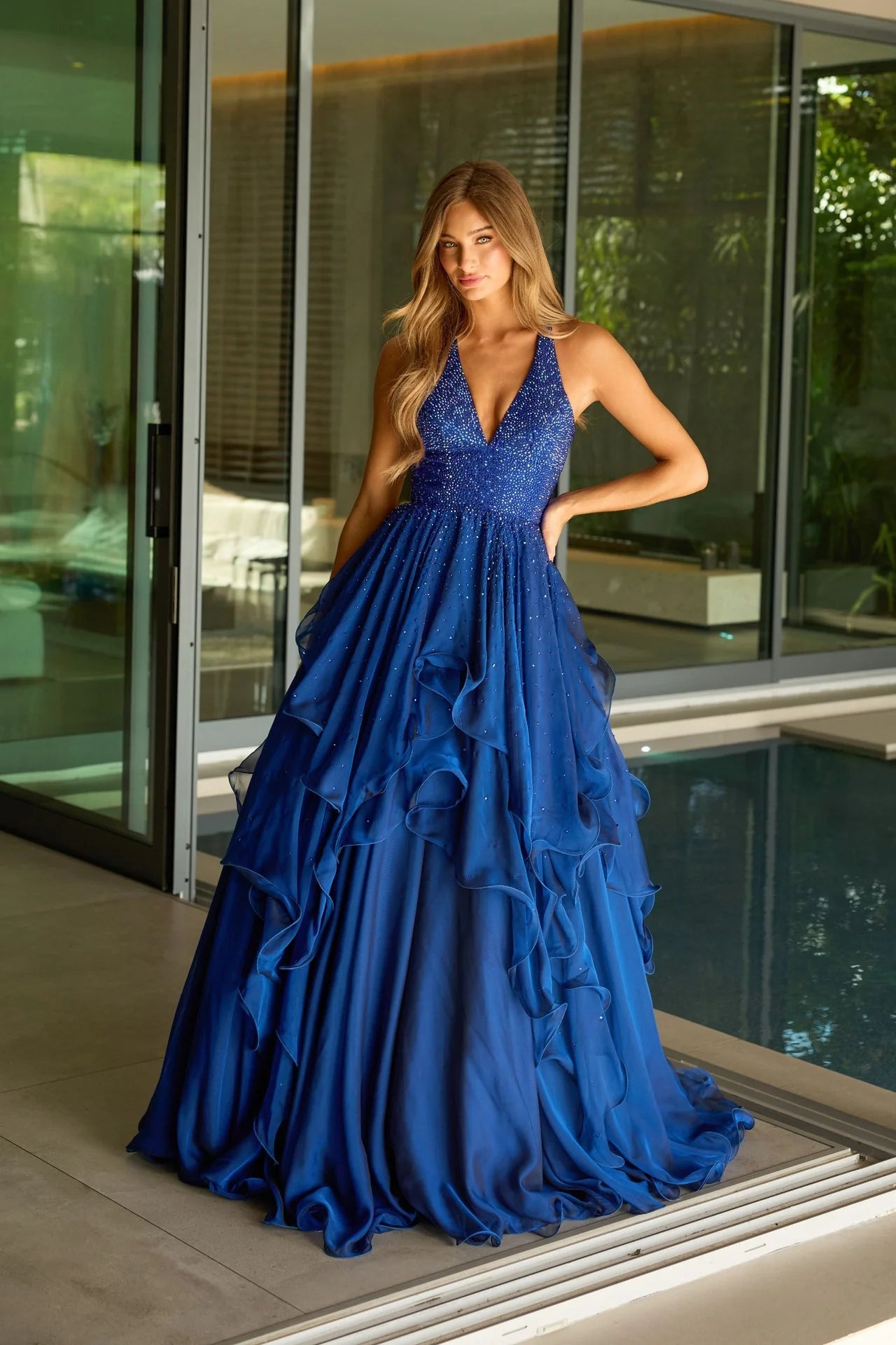 Fashion Spaghetti Strap Sparkle A-Line Ruched Floor-Length Prom Dress