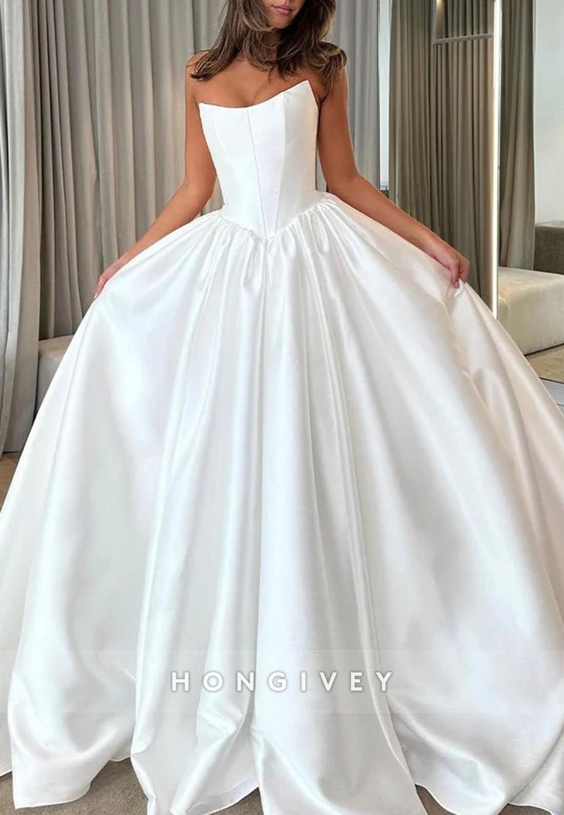 Sleeveless Ball Gown Satin Pleated Chapel Train Low Back Wedding Dresses