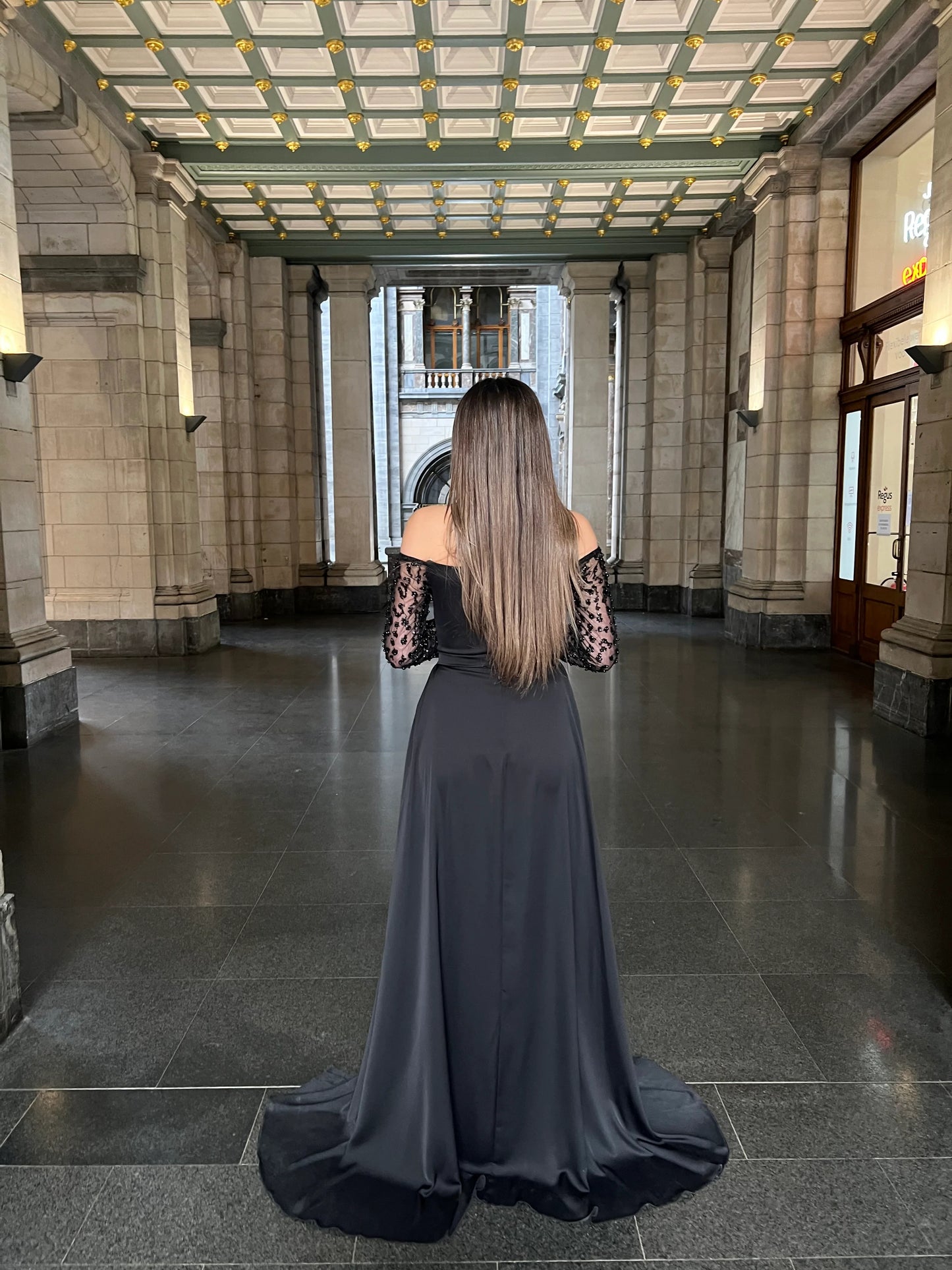 Black Off the Shoulder Lace Sleeve Beaded Mermiad Court Train Floor-length Evening Dress