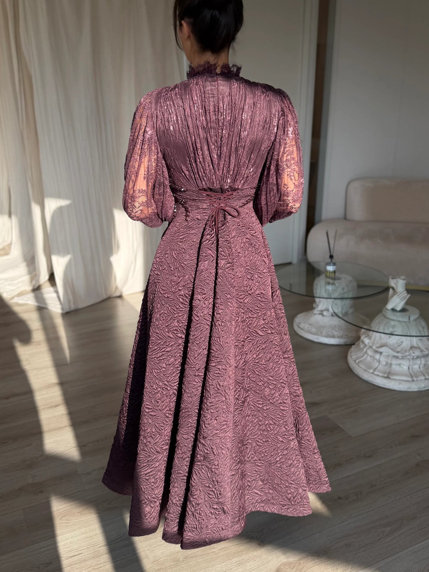 Lace V-Neck Putty Long Sleeve A-Line Ankle-Length Evening Dress