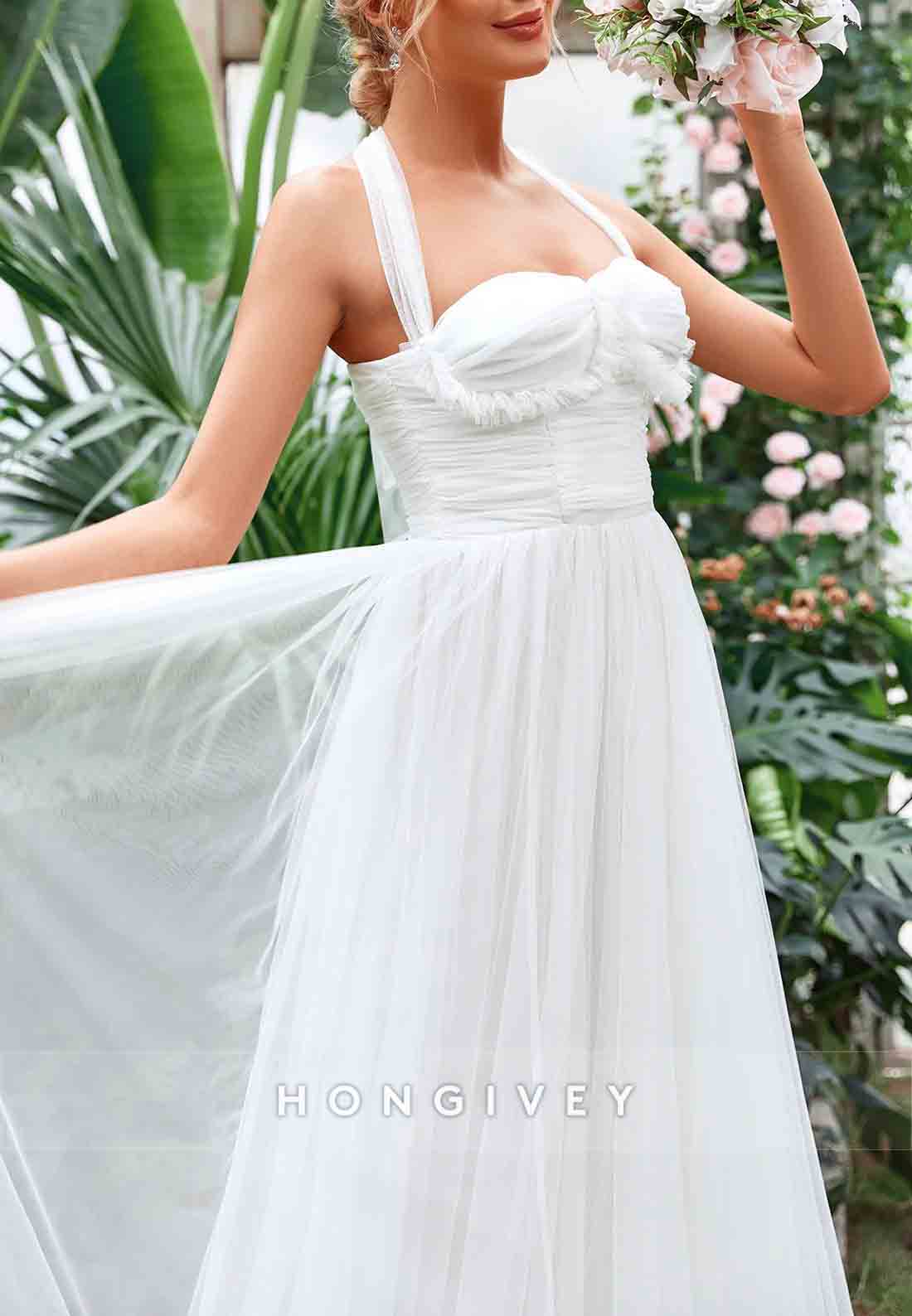 Halter Neck A-Line Ruched Bustier Mesh Floor-Length Wedding Dress