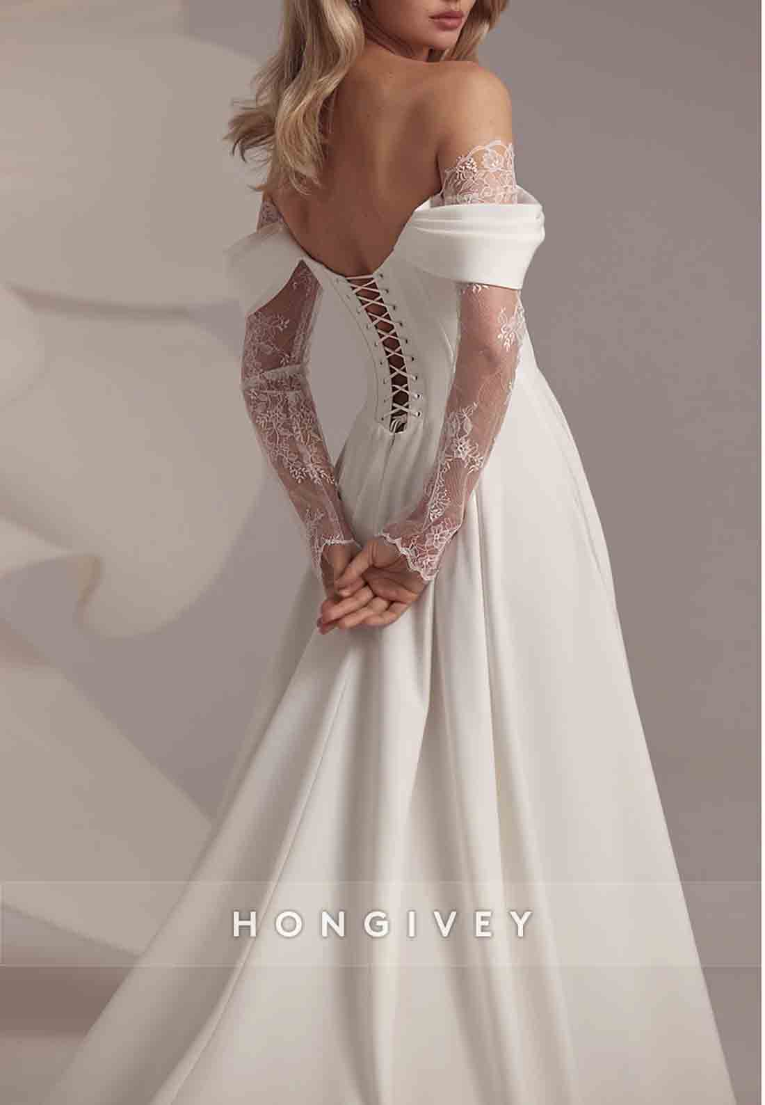 High Slit Off the Shoulder Lace Crisscross Back Long Sleeve Wedding Dresses