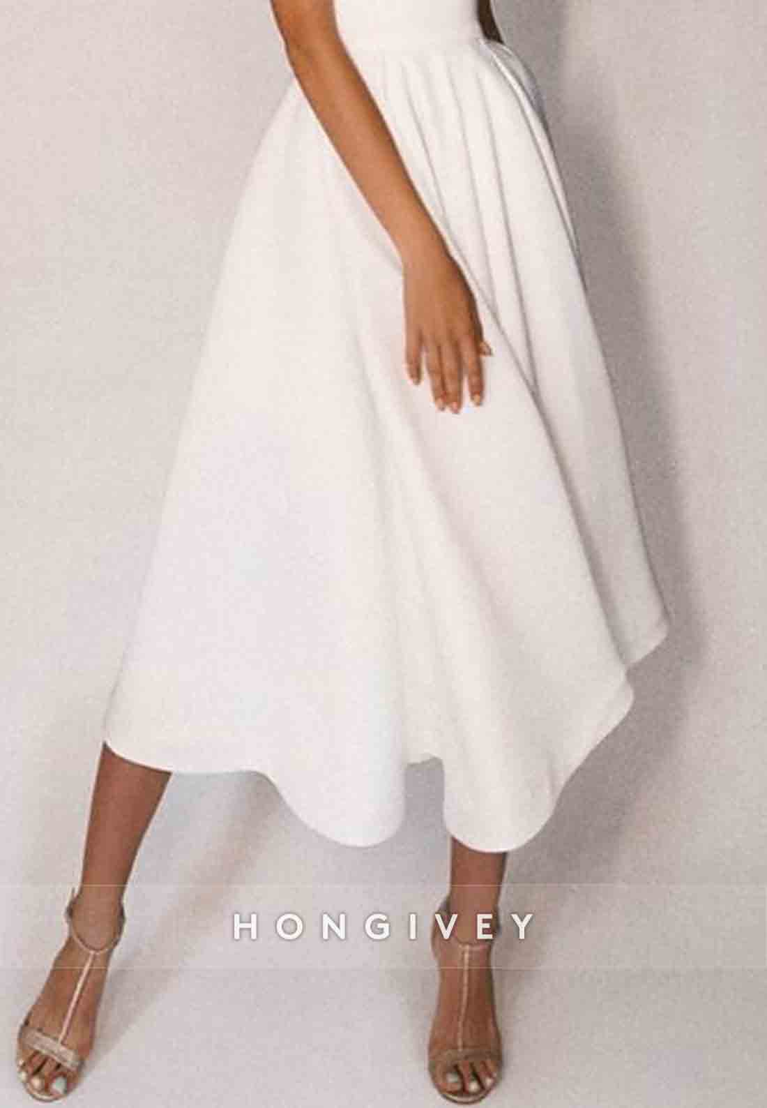 Tea-Length V Neck A-Line Cut out Back Beach Wedding Dresses