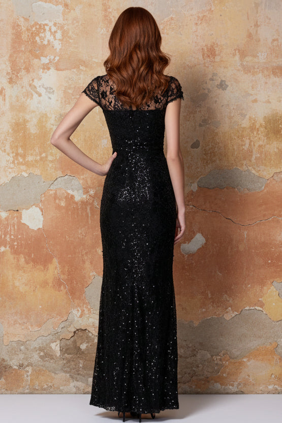 Black 3D Floral Lace Sequin Crew Neck Short Sleeve Evening Dress