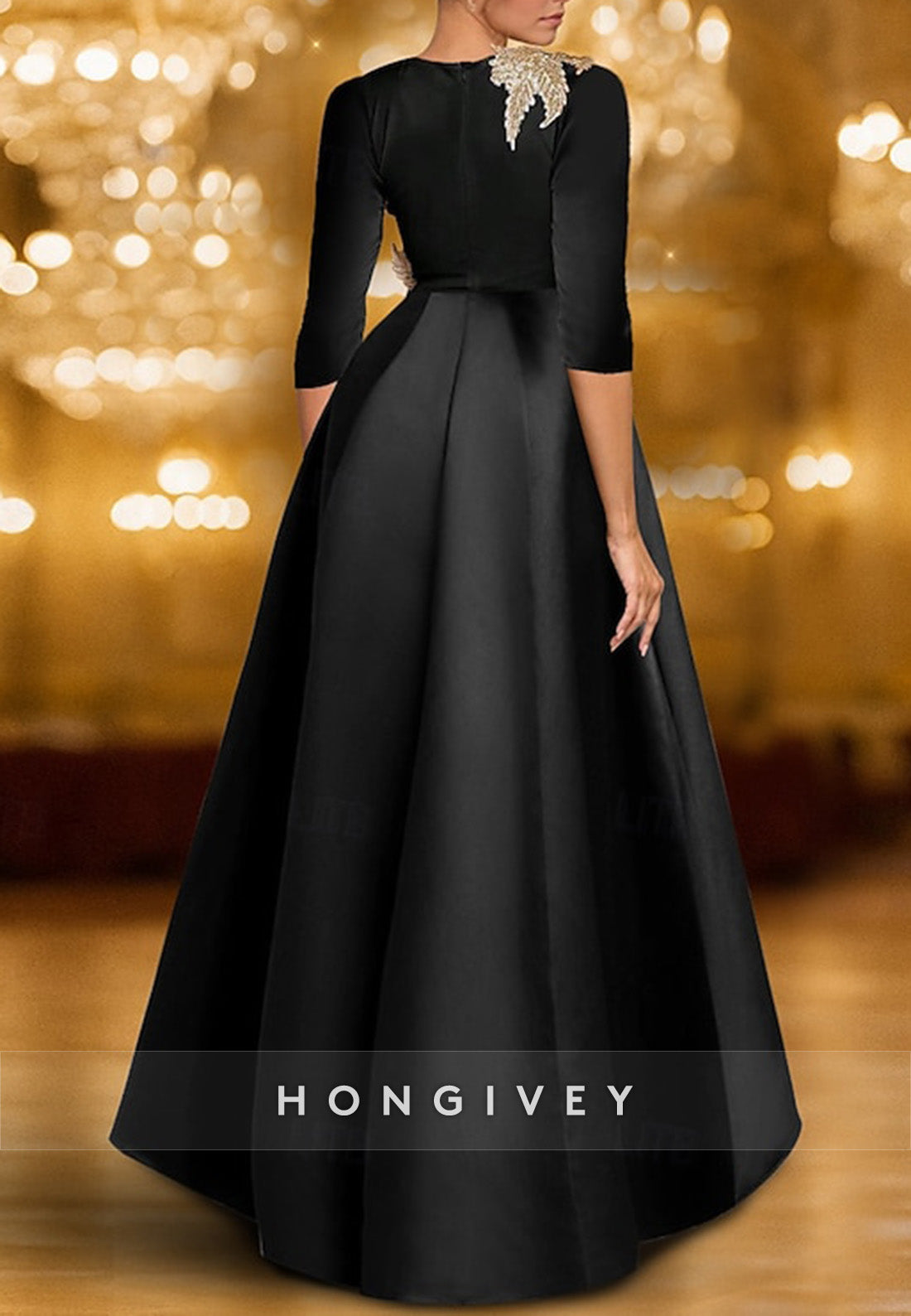 Black Tie A-Line Half Sleeves Formal Gowns Appliqued Scoop Evening Gown