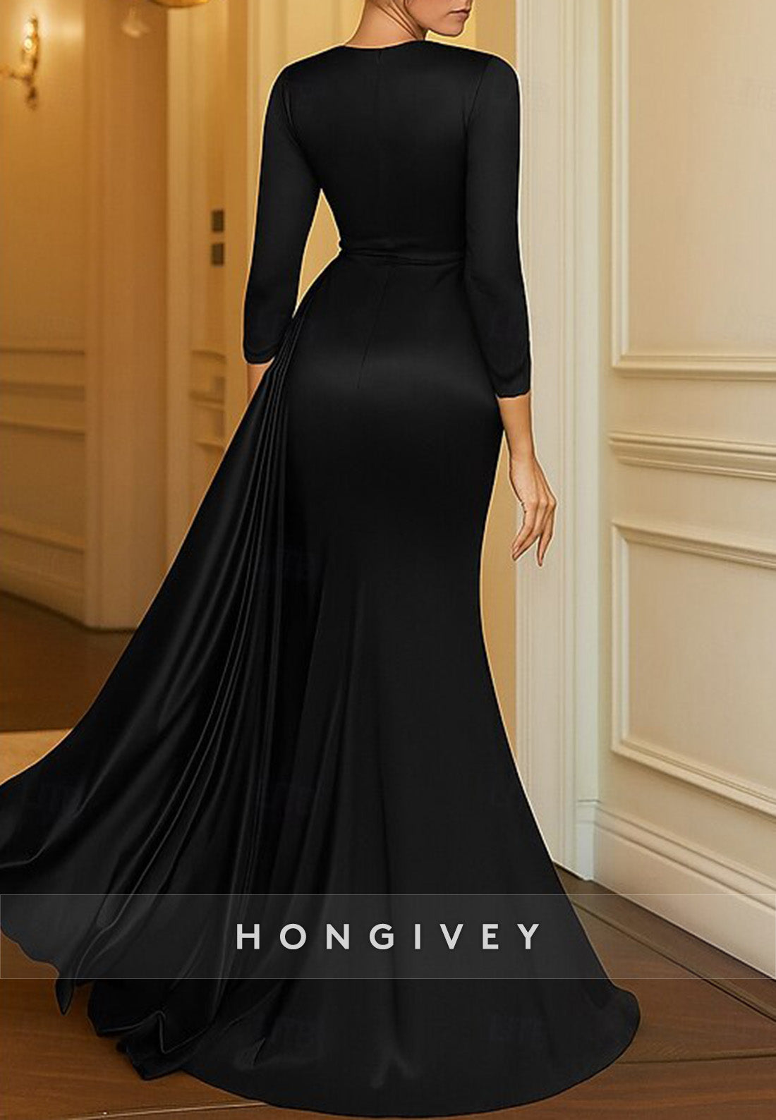 Black Tie Trumpet Formal Dresses Scoop Side Draping Long Sleeves Evening Gown
