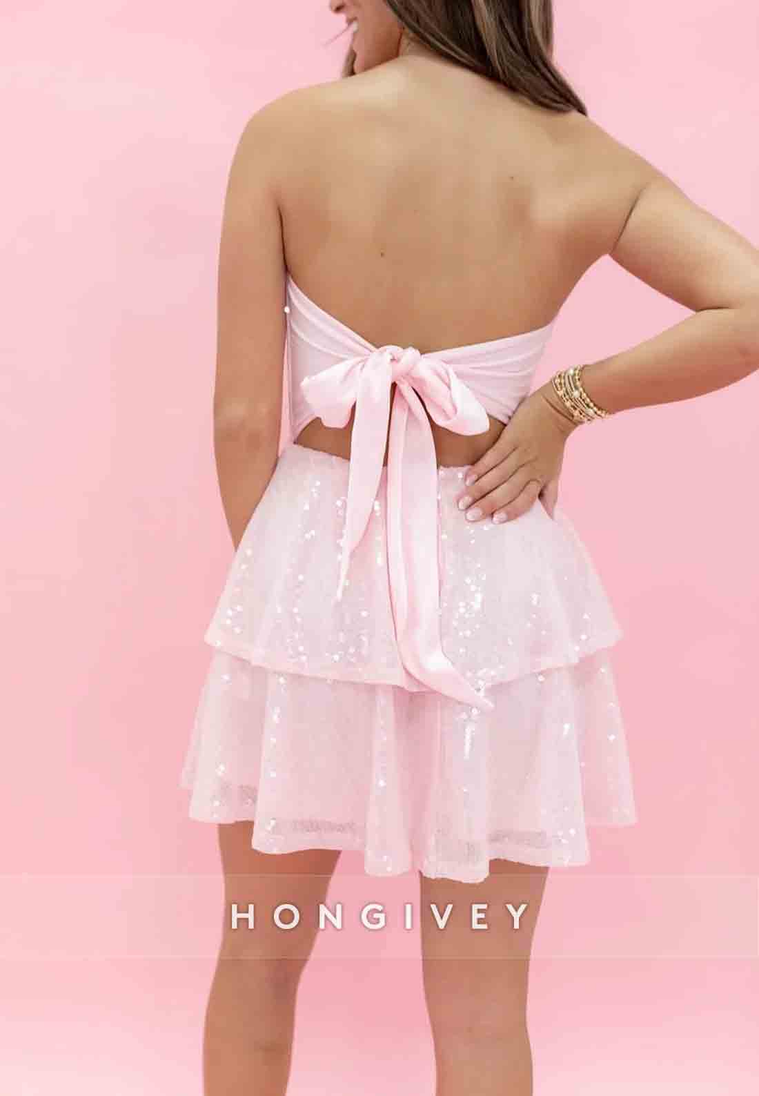 Bling Bodycon Strapless Light Pink Sequins Short Homecoming Dress with Bowknot Back