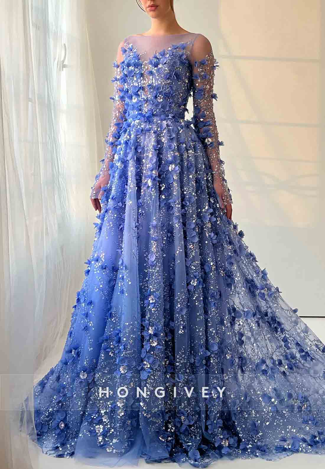 Blue Long Sleeves A-Line dress Illusion Neck Floor-Length with Embroid