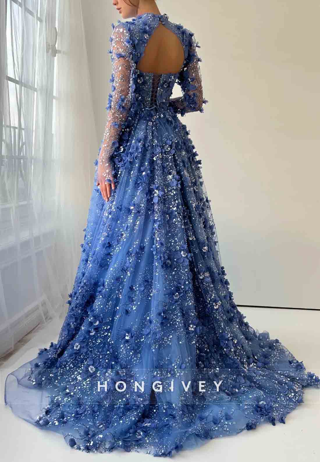 Royal Blue A-Line Long Sleeves Evening Gown with Overskirt and Embroidery