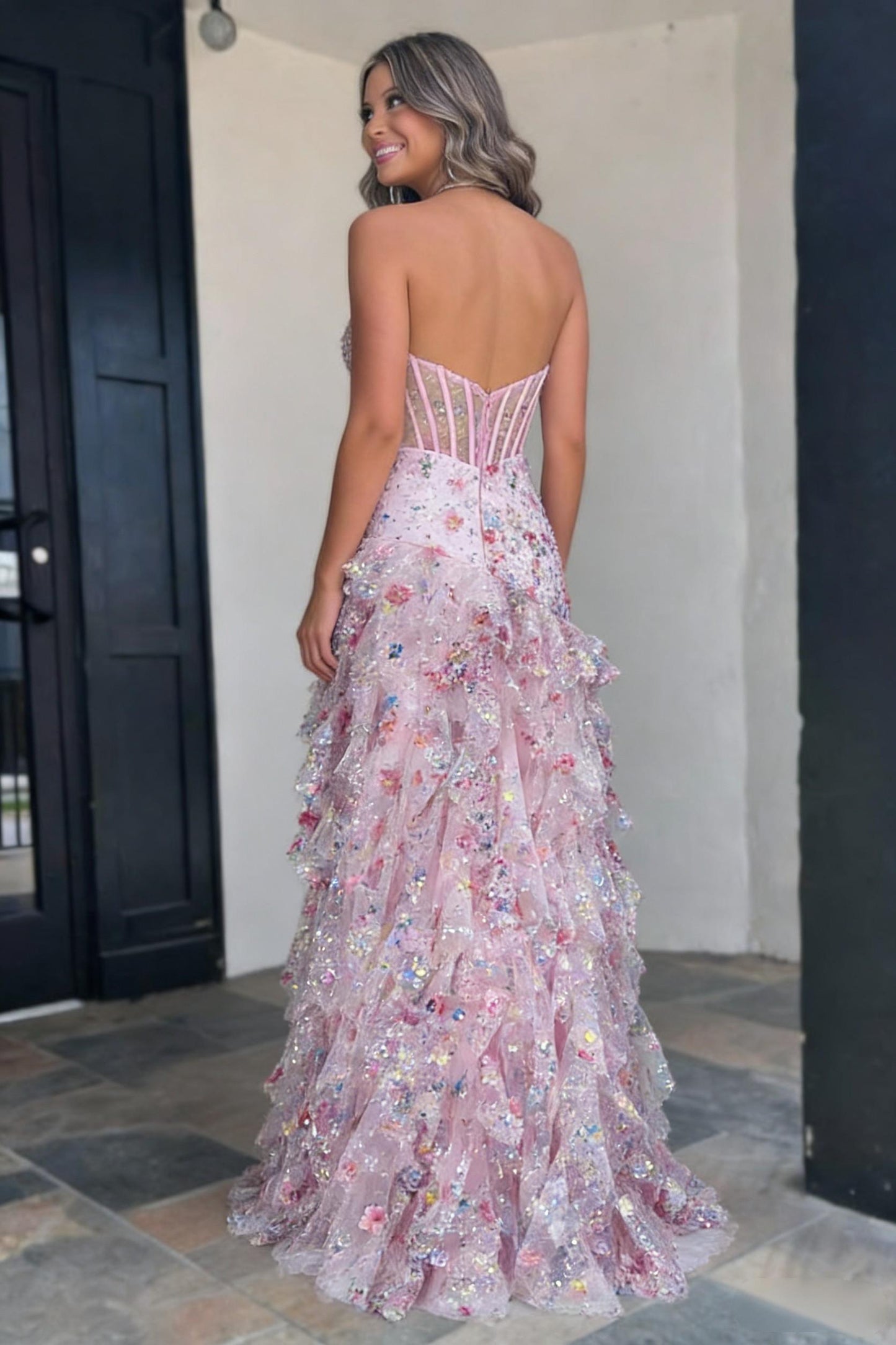 Gorgeous A Line Halter Neck Pink Floral Printed Corset Prom Dress with Ruffles