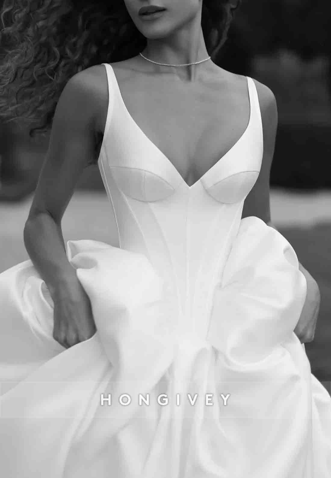 Regular Straps Sleeveless V-Neck Crisscross Back Chapel Train Wedding Dresses