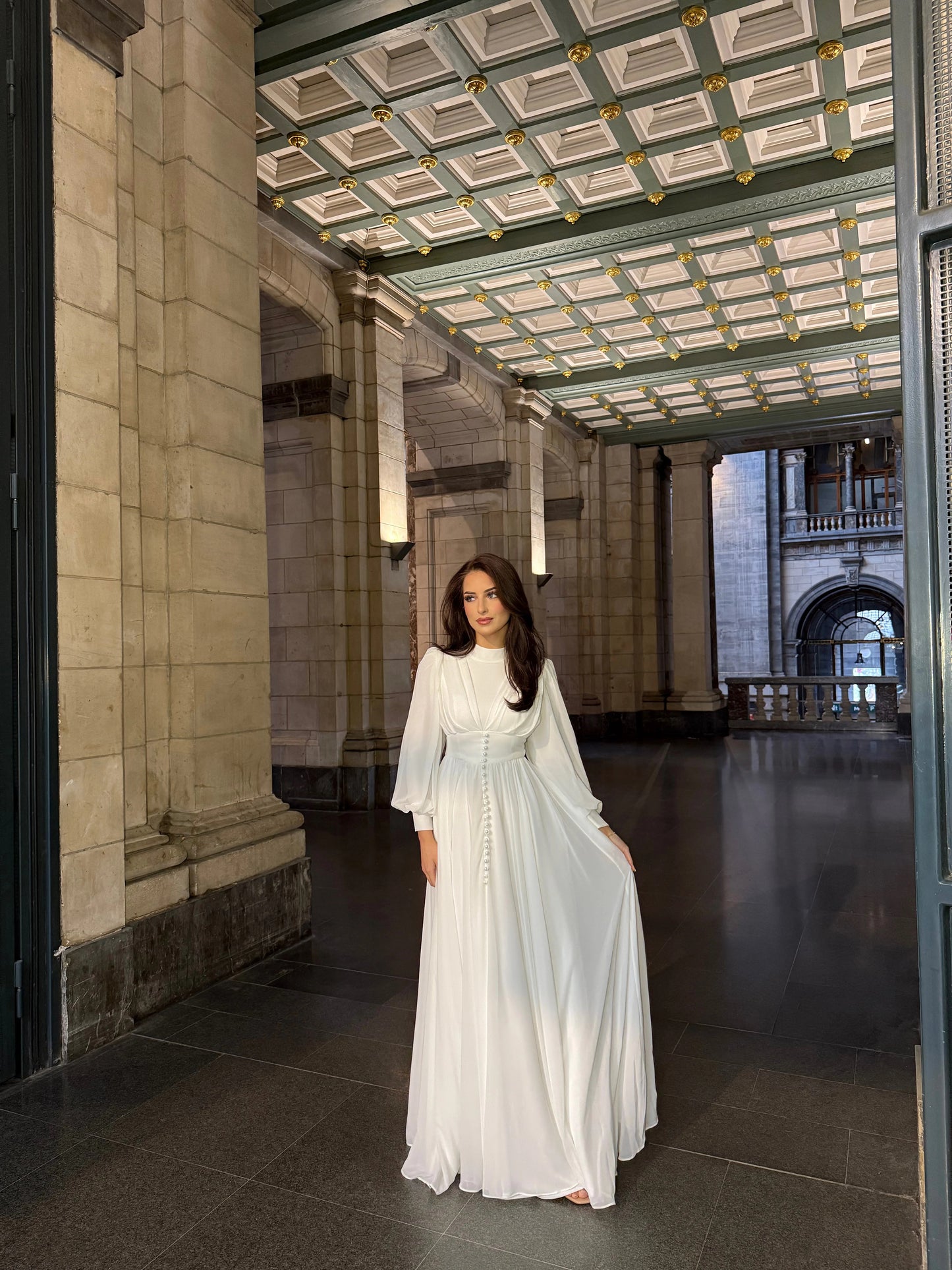 Elegant High Neck Putty Long Sleeve Button A-Line Floor-Length Evening Dress